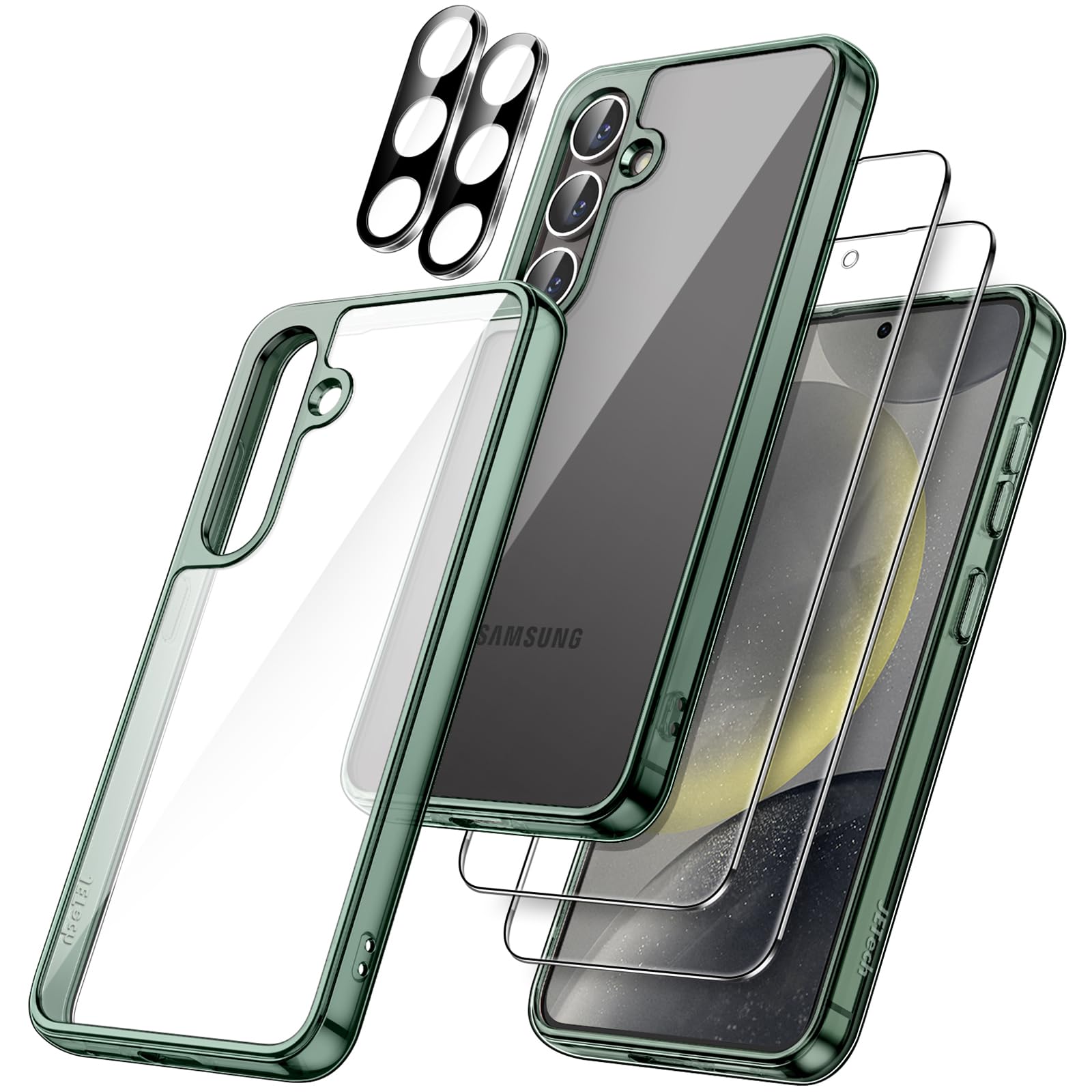 JETech 5-in-1 Protective Case for Samsung Galaxy S24+ / S24 Plus 5G - Includes 2-Pack Tempered Glass Screen Protector & Camera Lens Protector, Shockproof Bumper Cover (Green) | Perfect for Outdoor Activities, Work & Travel