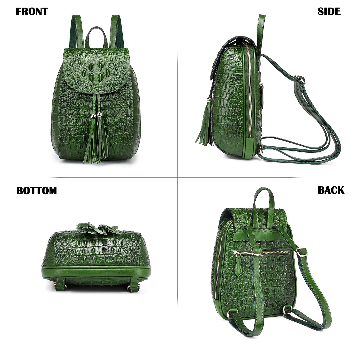 COOLCY Women's Small Genuine Leather Backpack Purse - Crocodile Embossed Designer Handbag (Green) for Work, Travel & Daily Use