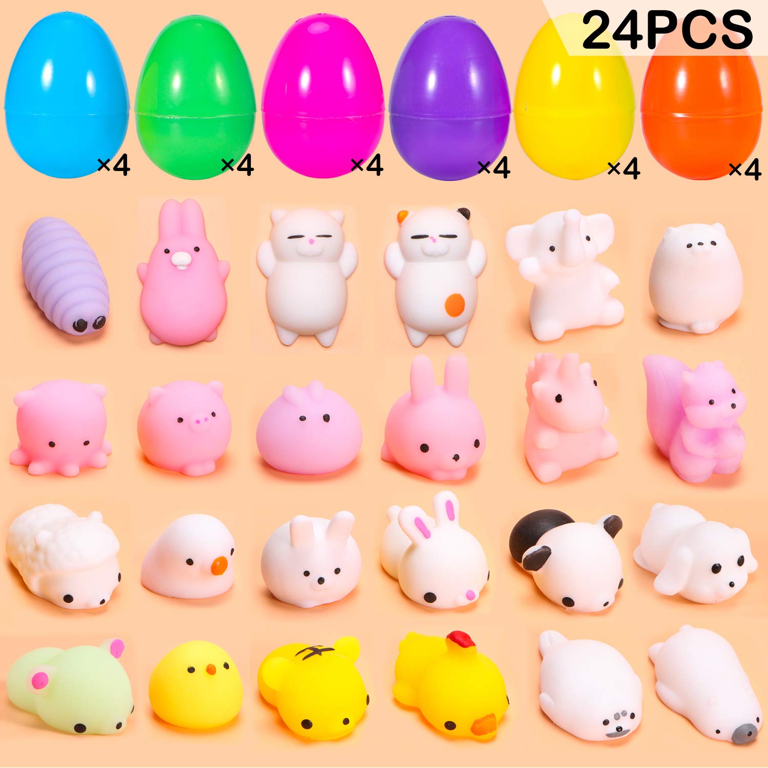 24-Piece Mochi Squishy Toys Easter Egg Set - Mini Soft Animal Stress Relief Toys for Easter Basket Fillers, Egg Hunt Party Supplies - Perfect for Easter Gifts, Party Favors & Sensory Play