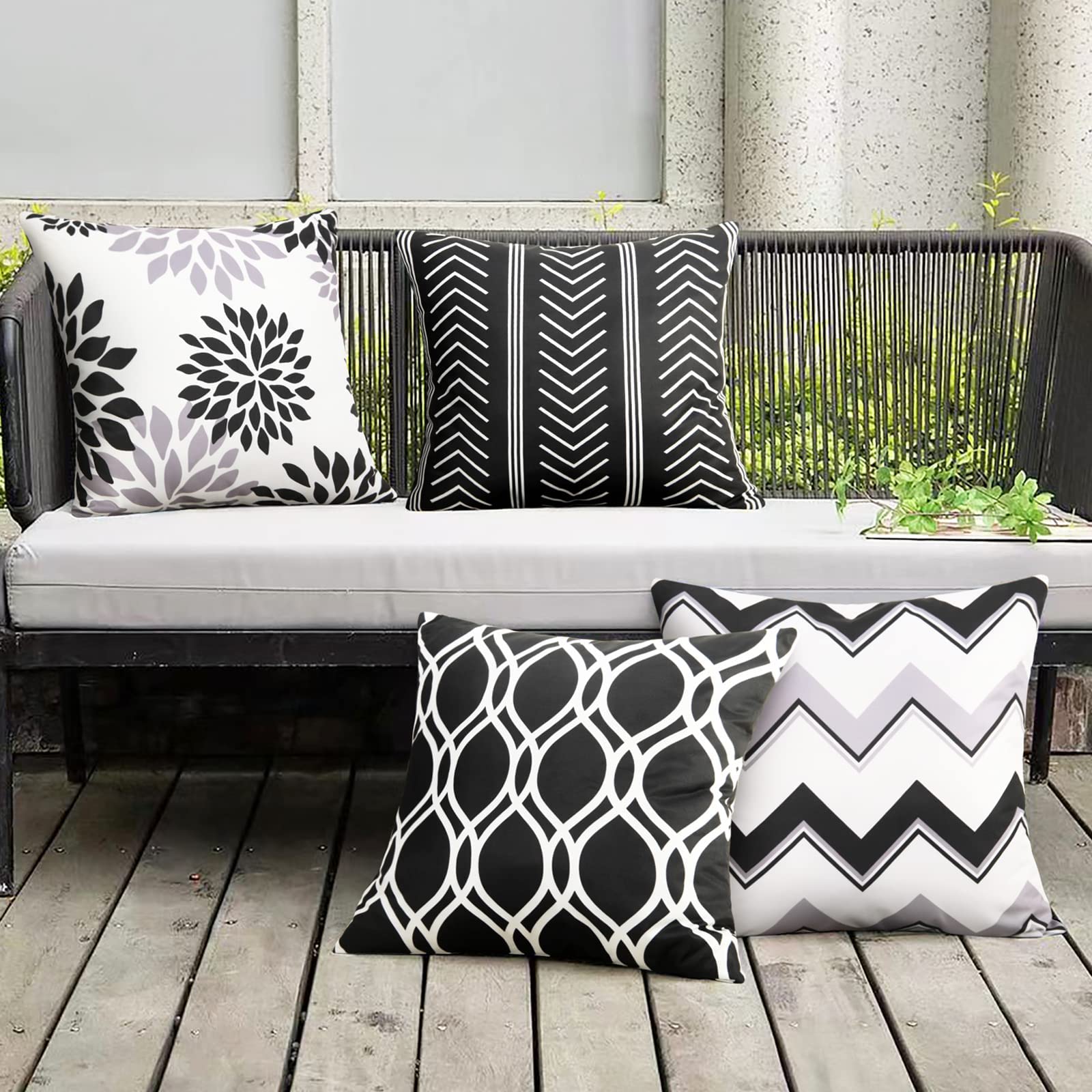 Merrycolor Waterproof Outdoor Pillow Covers 18x18 Inch - Black and White Geometric Dahlia Design - Set of 4 Decorative Patio Pillows for Garden, Poolside & Outdoor Furniture