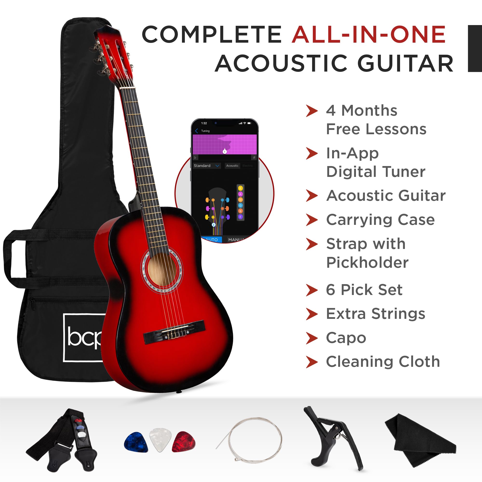 Best Choice Products 38-Inch Beginner Acoustic Guitar Starter Kit with Gig Bag, 6 Picks, Nylon Strings & Strap (Red Burst) - Perfect for Kids, Teens & Adult Beginners Learning Guitar at Home, School or Camp