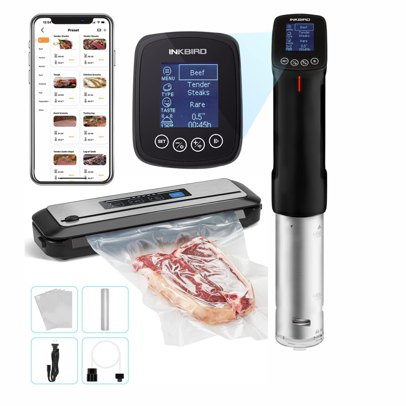 **Inkbird 1000W WiFi Sous Vide Cooker with Vacuum Sealer & APP Control - Preset Recipes, Automatic Air Sealing for Perfect Steaks, Chicken, Fish - Ideal for Home Chefs & Meal Prep**