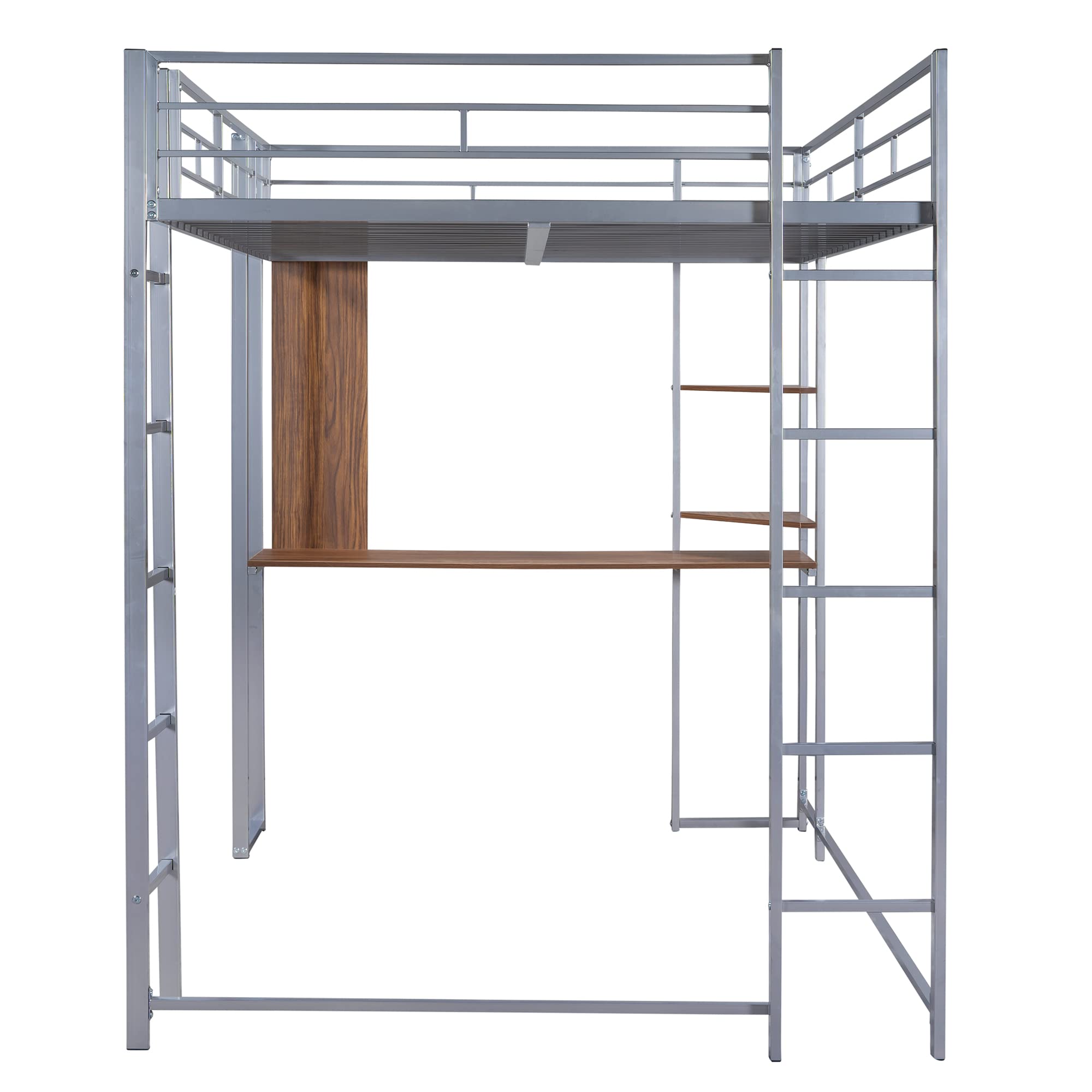 **Full Metal Loft Bed with Desk & Shelves - Heavy Duty Steel Frame for Kids, Teens & Adults (Silver) - Space-Saving Study & Sleep Solution for Small Rooms**
