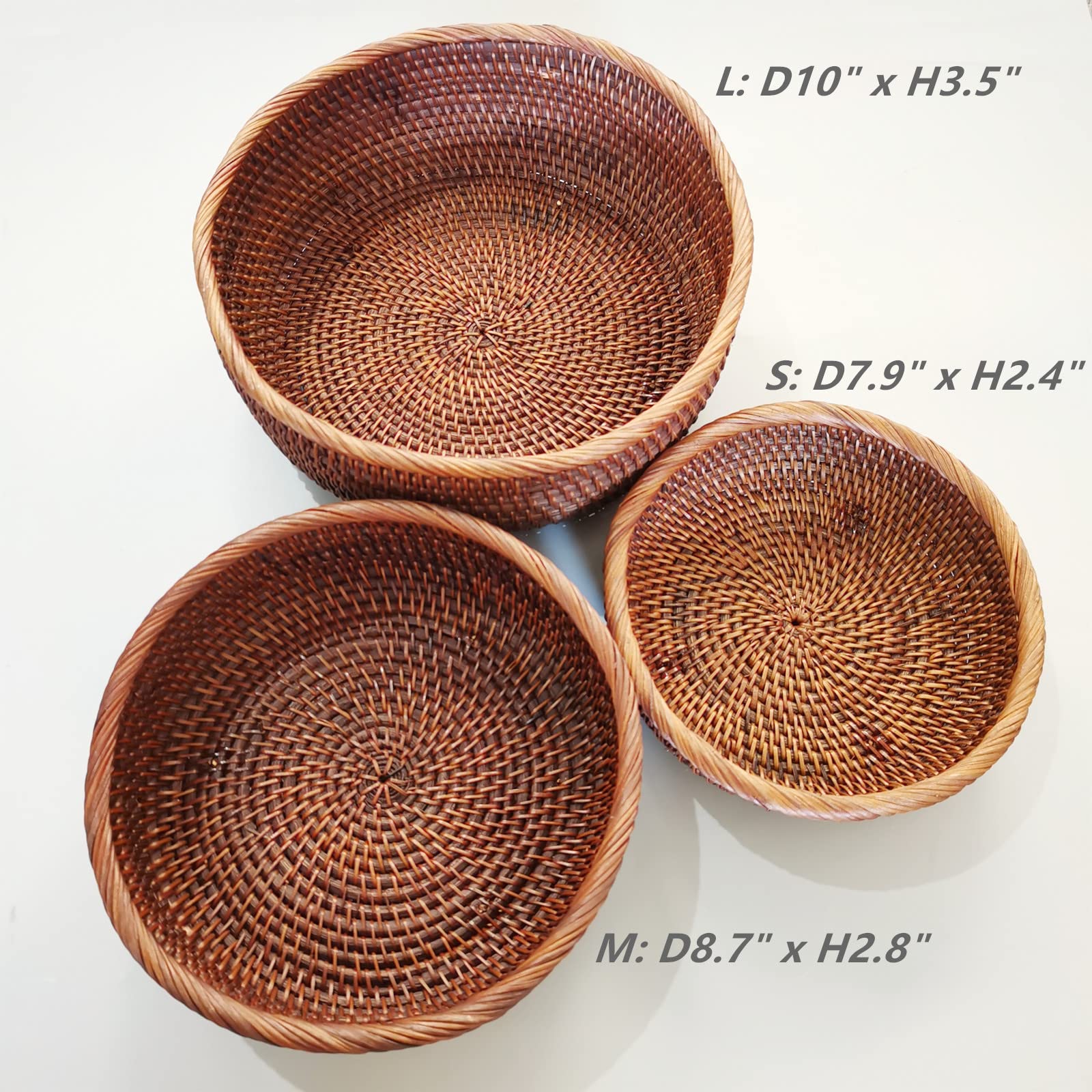 10 Inch Round Rattan Bowl Basket - Handmade Wicker Tray with Scalloped Edge & 4