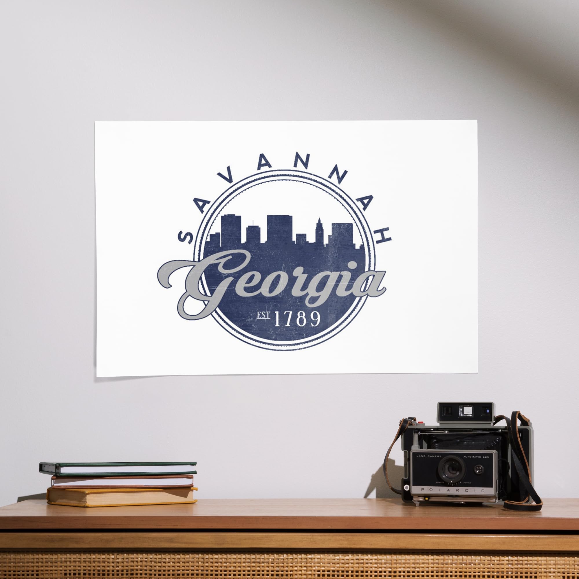 Lantern Press 16x24 Inch Giclee Art Print - Savannah Georgia Skyline Seal in Blue | Premium Wall Decor for Living Room, Bedroom & Office