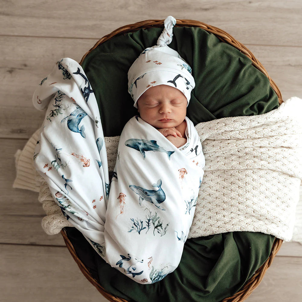 Snuggle Hunny Baby Jersey Wrap & Beanie Set - Soft Newborn Swaddle Blanket & Hat - Perfect for Baby Showers, Newborn Photography & Cozy Nursery Outfits - Ocean Blue