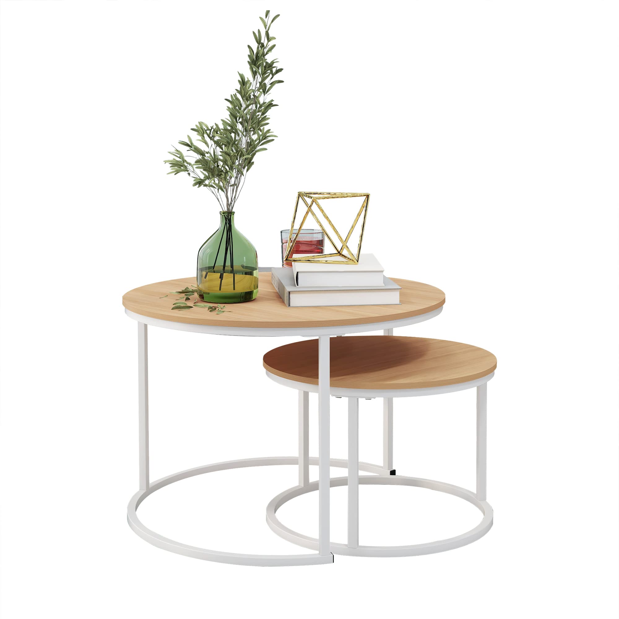HOJINLINERO 2-Piece Round Coffee Table Set - Stackable End Tables for Living Room, Sturdy & Easy Assembly, Wood Look Accent Furniture with Metal Frame, Industrial Modern Style in White & Teak Oak - Perfect for Small Spaces, Sofa Side Tables, Coffee Table Alternatives, Home Office & Apartment Decor