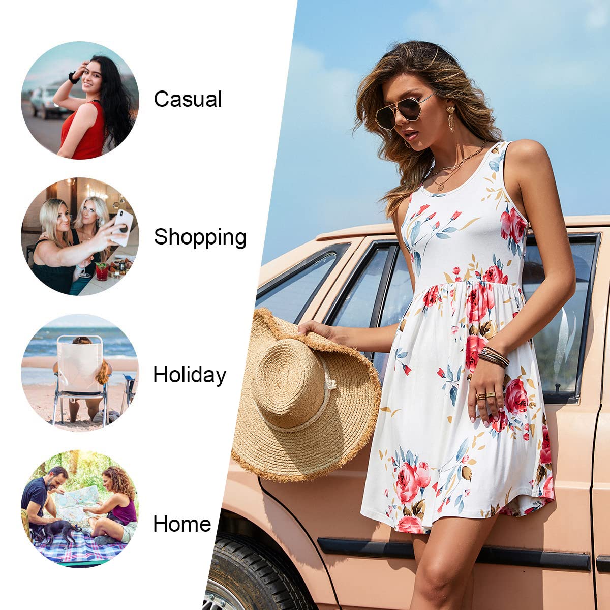 LONGYUAN Women's Hawaiian Sundress - 2025 Summer Floral Tank Dress with Pockets, Beach Cover Up (Sizes S-3XL) | Perfect for Vacation, Pool Party & Tropical Getaways