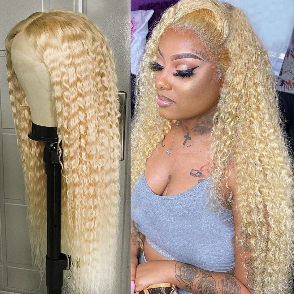 613 Blonde Deep Wave Lace Front Wig - 100% Human Hair Brazilian 13x4 HD Lace Frontal - 150% Density Pre-Plucked Glueless Wig (30 Inch) - Perfect for Cosplay, Daily Wear & Special Occasions
