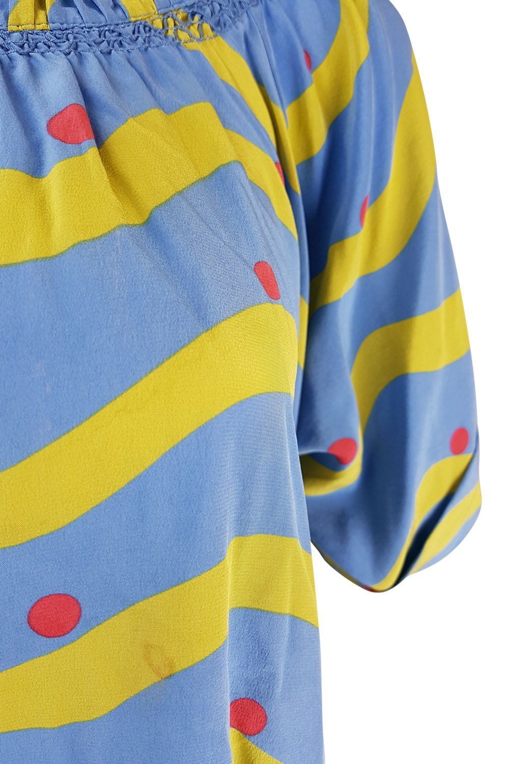 CHLOE Blue 100% Silk Striped & Dotted Short Sleeve Blouse (Size 36) | Women's Luxury Fashion Top for Office, Date Night & Special Occasions