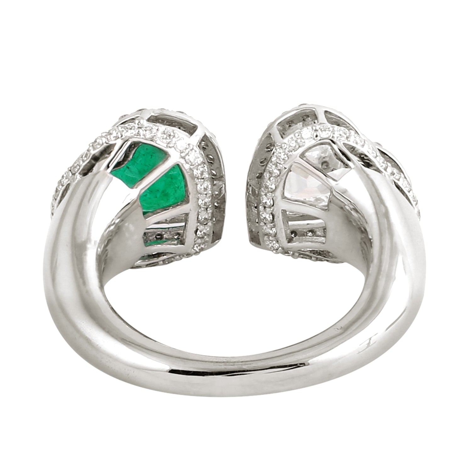 18K White Gold Heart Cut Emerald & Diamond Pavé Open Ring – Elegant Statement Jewelry for Weddings, Anniversaries & Special Occasions