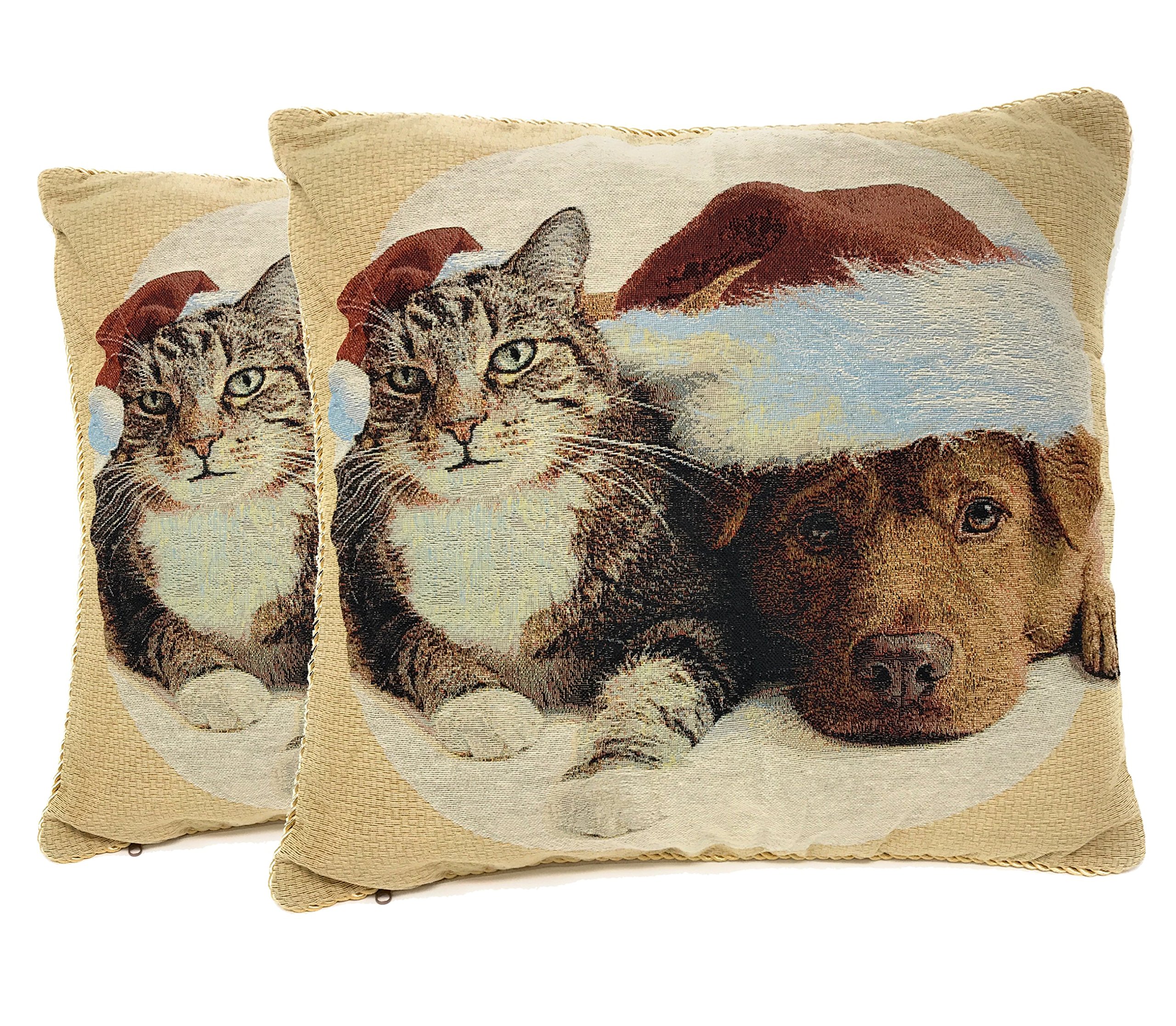 2-Piece Christmas Companions Tabby Cat & Labrador Retriever Dog in Santa Hat Holiday Festive Woven Throw Pillow Covers Set - Cozy Home Decor for Living Room, Bedroom, and Holiday Gift Giving