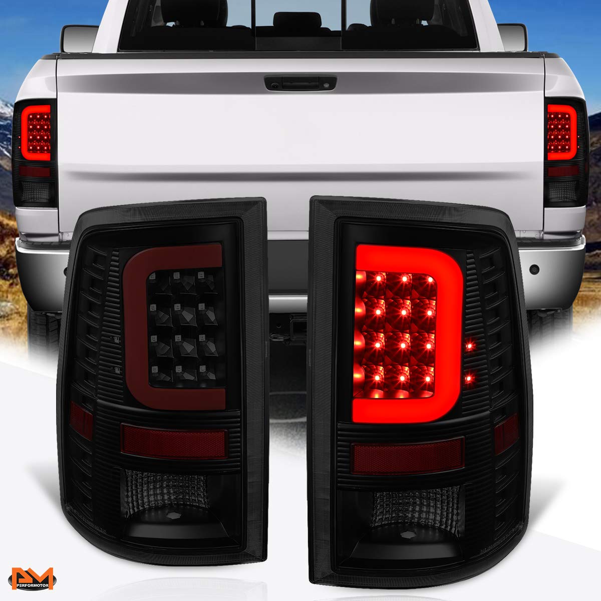 PM PERFORMOTOR 3D LED C-Bar Tail Lights for 2009-2017 Dodge Ram Pickup - Red Tinted Rear Reverse Lamps | Enhanced Visibility & Style for Night Driving & Off-Road Adventures