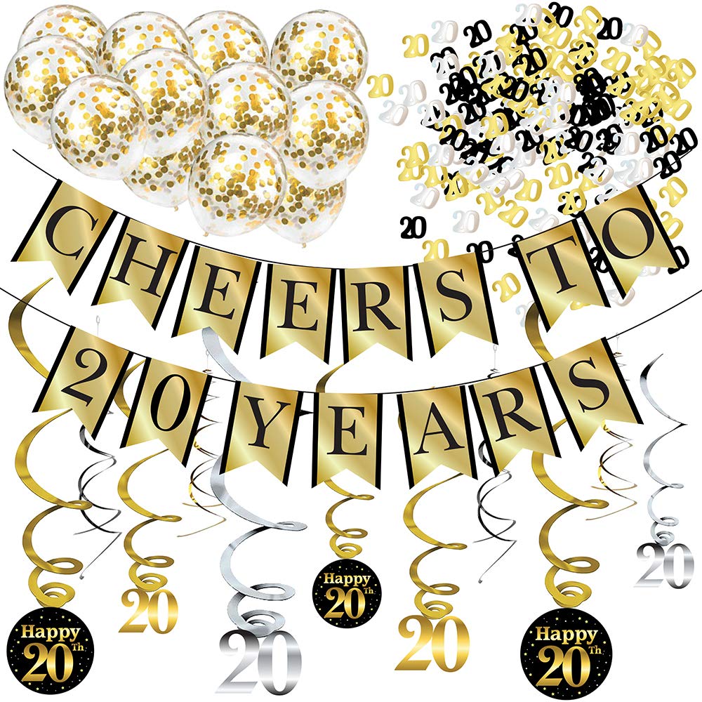 20th Birthday & Anniversary Party Decorations Pack - Cheers to 20 Years Banner, Balloons, Swirls & Confetti Supplies for Milestone Celebrations