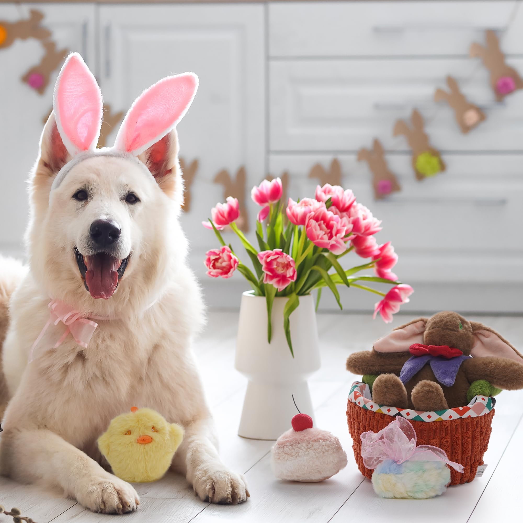5 Pack Easter Dog Toys with Basket - Durable Plush Squeaky Toys for Small Medium Large Dogs (Rabbit, Chick, Egg & Cake Design) - Perfect for Easter Gifts & Puppy Playtime