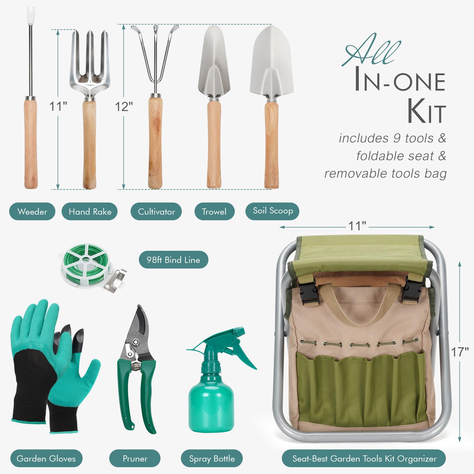10-Piece Gardening Hand Tools Set with Storage Tote Bag & Seat - Durable Stainless Steel Garden Kit for Planting, Weeding & Landscaping - Perfect Gardening Gifts for Women & Men (Valentine's Day, Mother's Day) - Ideal for Backyard, Lawn Care & Outdoor Activities