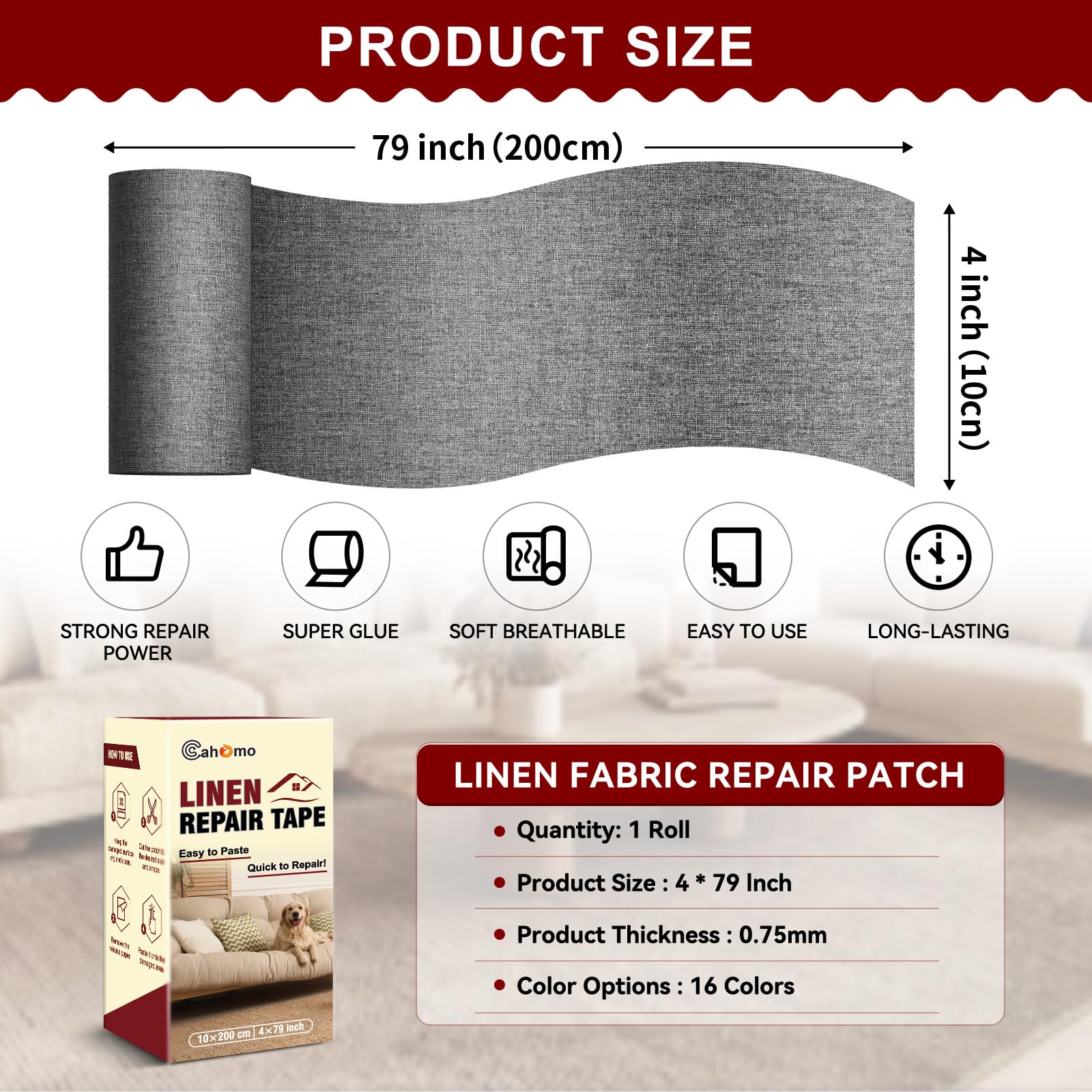 Cahomo Self-Adhesive Linen Repair Tape 4x79 Inch - Dark Grey Fabric Patch Kit for Sofas, Headboards, Chairs & More | Easy DIY Linen Restoration for Home Decor & Upholstery Repair