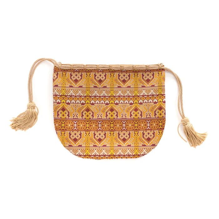 Nishijin Ori Small Drawstring Pouch - Rooster & Dark Red Design | Handmade in Kyoto Japan | Traditional Japanese Craft Purse for Coins, Jewelry & Gift Giving