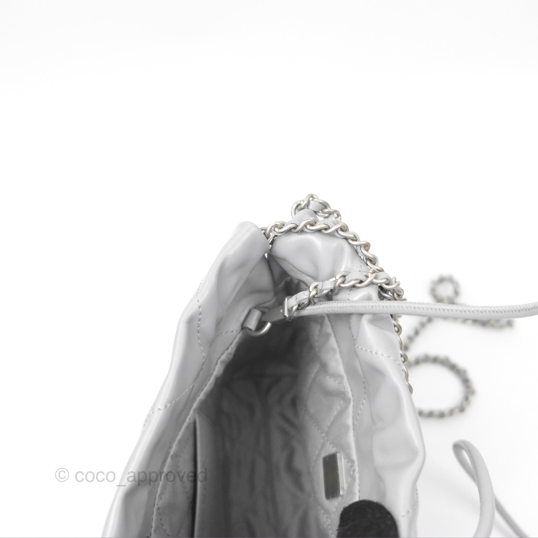 Chanel 22 Mini Bag Light Grey Shiny Crumpled Calfskin with Matte Silver Hardware - Luxury Crossbody Purse for Women, Perfect for Date Night & Evening Events