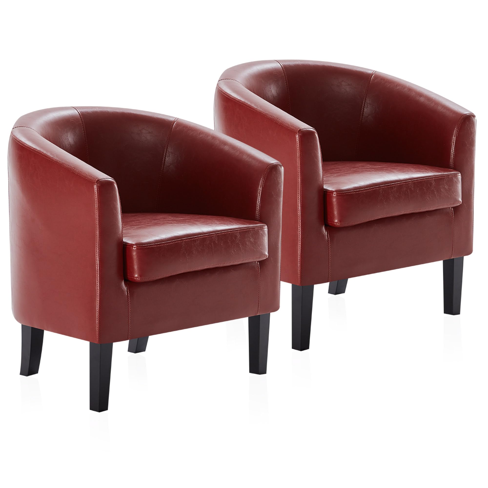 BELLEZE 2-Piece Faux Leather Round Accent Barrel Chair Set - Modern Club Tub Sofa Chairs with Flared Legs & Soft Padding for Living Room, Bedroom or Office Corner - Highland Red (Perfect for Small Spaces & Cozy Reading Nooks)