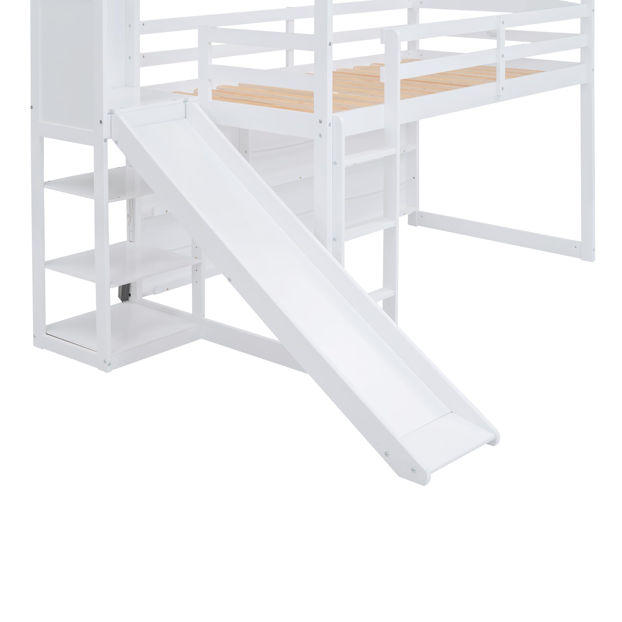 Merax Twin Size Wood Loft Bed with Slide & Storage Shelves - Kids Bunk Bed for Boys & Girls (White) - Space-Saving Bedroom Furniture for Small Rooms & Play Areas