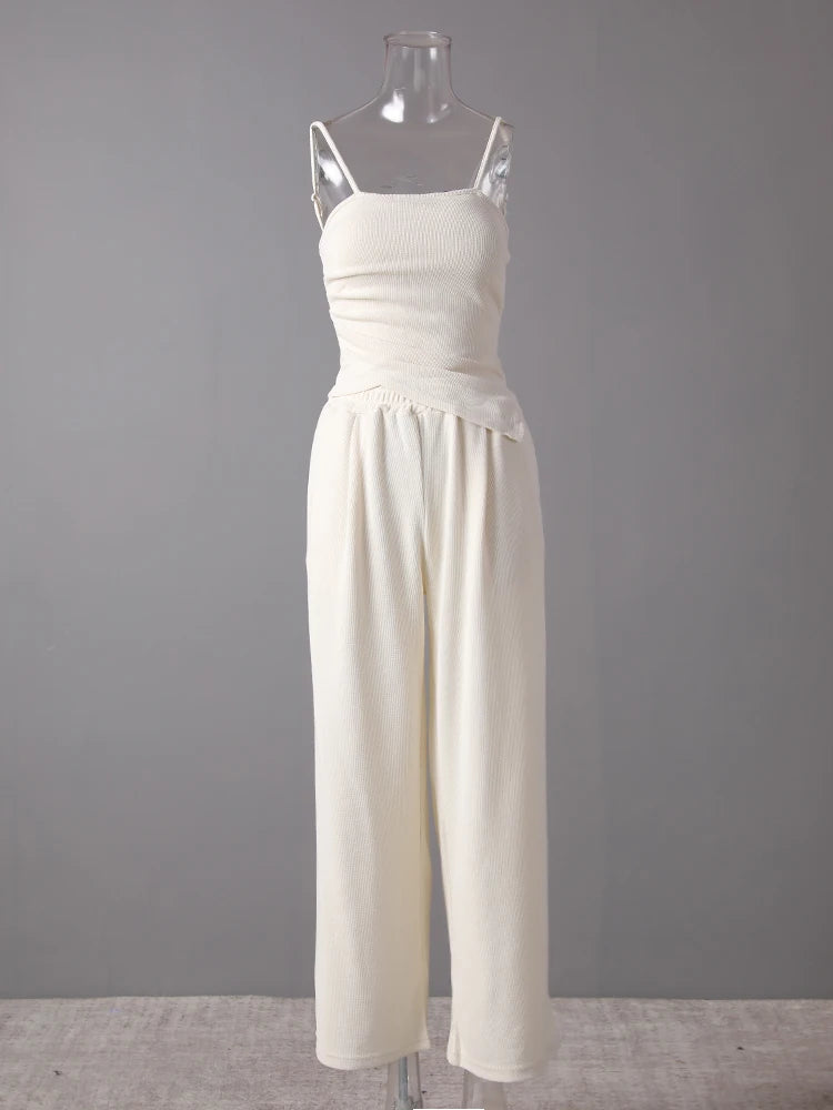 Beige Irregular Tank Top & Wide Leg Pants Two-Piece Set - Women's Sleeveless Fashion Outfit for Spring Summer 2025 | CPG3157 | Perfect for Beach Vacations, Casual Outings & Summer Parties