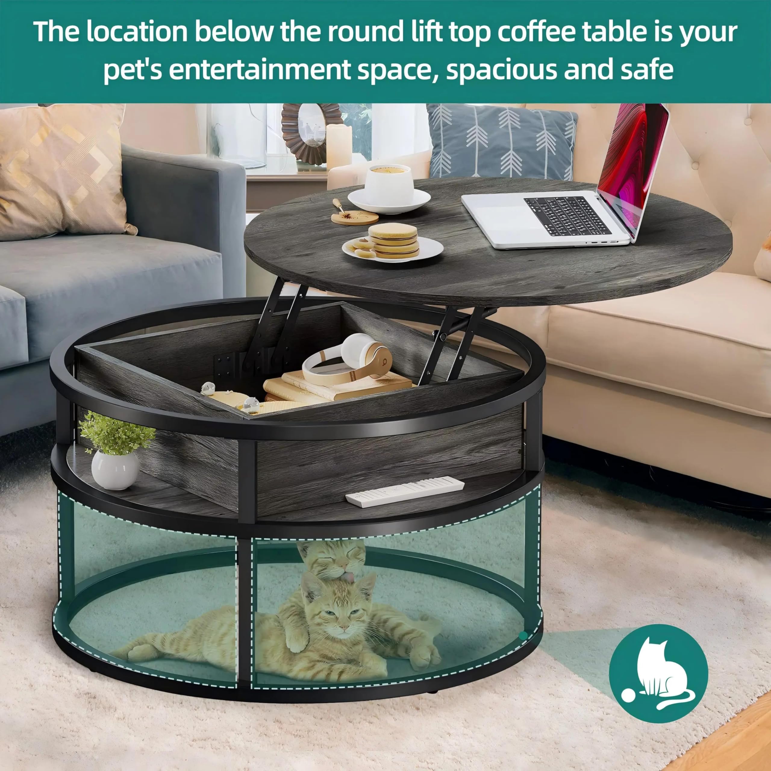 Round Lift Top Coffee Table with Hidden Storage - Modern Farmhouse Wood Center Table for Living Room - Perfect for Small Spaces, Home Decor & Entertaining Guests
