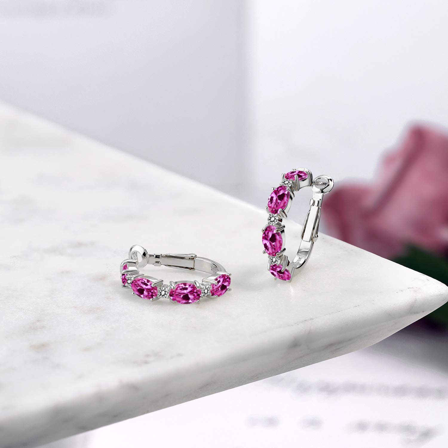 4.20 Ct Oval Pink Created Sapphire & White Diamond 925 Sterling Silver Hoop Earrings for Women - Elegant Jewelry Gift for Birthday, Anniversary & Special Occasions