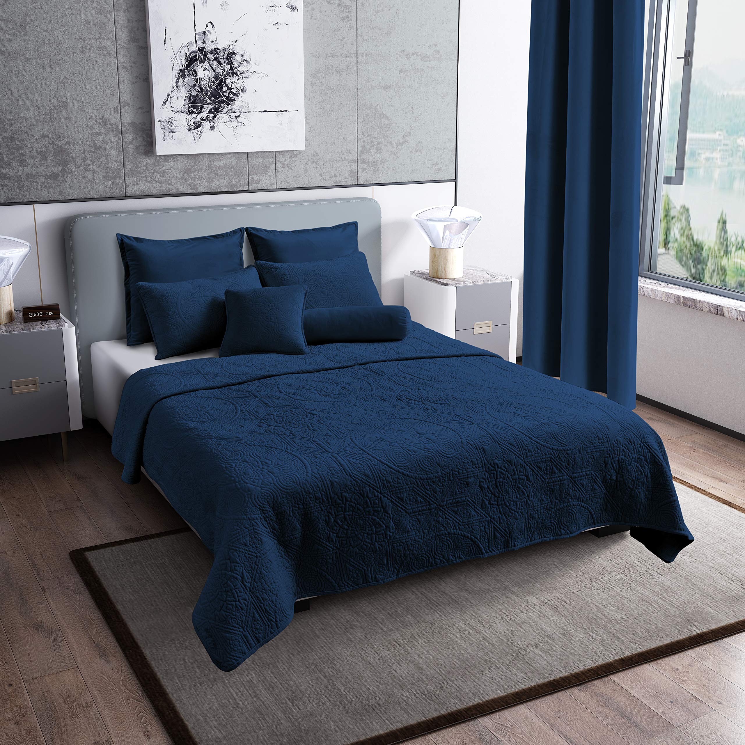 Premium Velvet Quilt - Charlotte Collection with Cotton Backing & Batting - King Size Navy Blue - Luxurious Bedding for Cozy Nights & Elegant Bedroom Decor