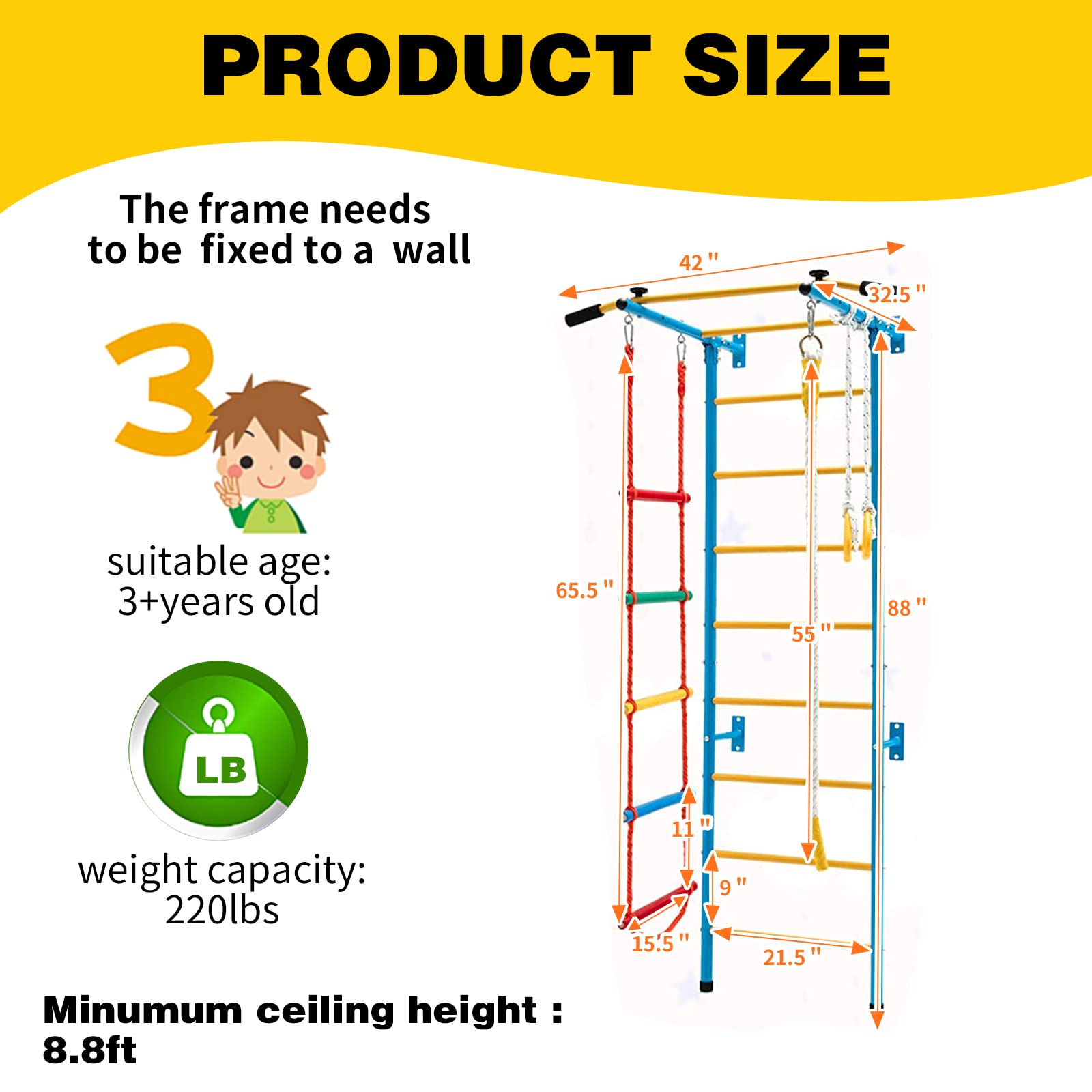 Tongmo Kids Climbing Toys - Indoor Metal Gym Set for Exercise & Play | Includes Rope Ladder, Pull-up Bar, Wall Ladder, Gymnastic Rings | Perfect for Home Playrooms, Backyard Fun & Toddler Physical Development