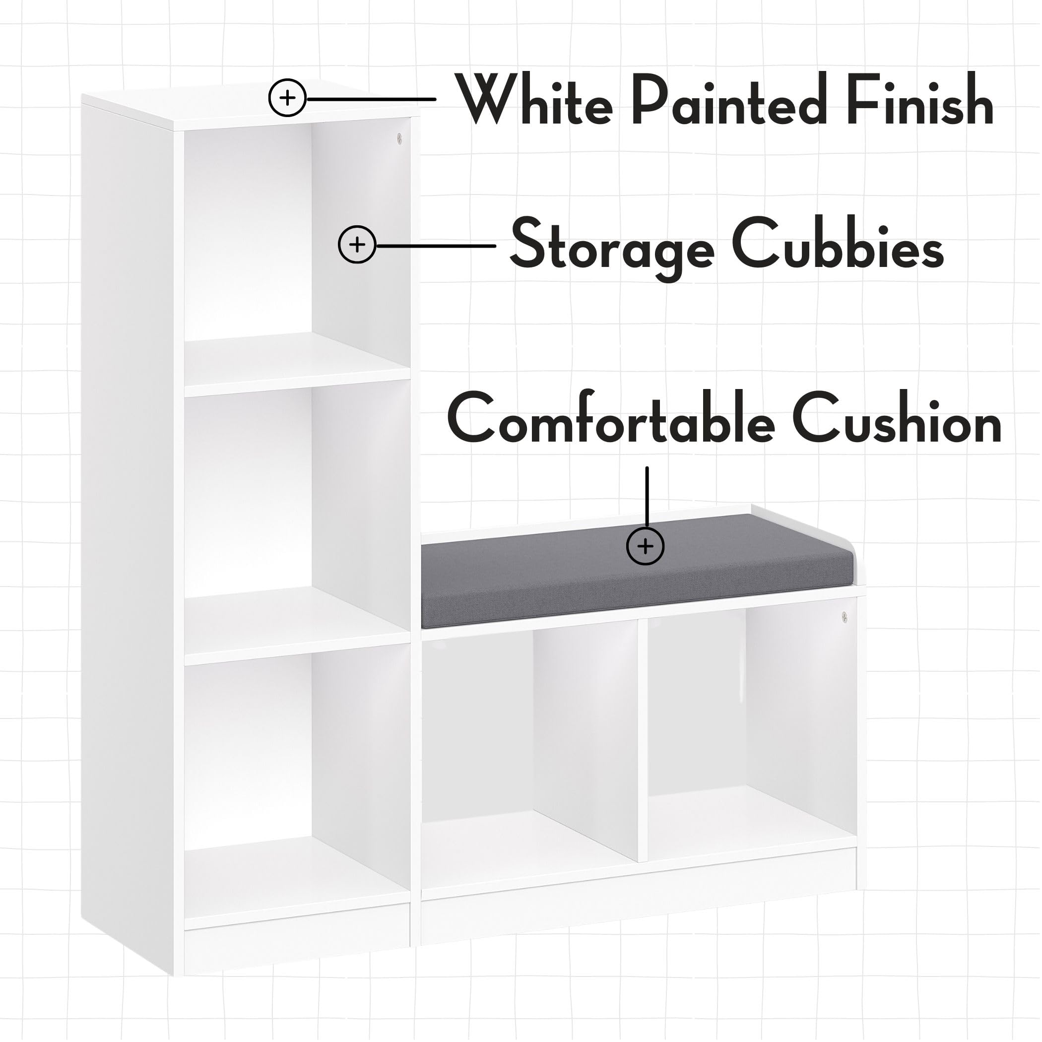 RiverRidge Kids Toy Storage Organizer Bench with 5 Cubby Spots, 2 Gray Fabric Bins & Cushioned Seat - Perfect for Playroom, Nursery, or Classroom Organization & Book Nook Storage