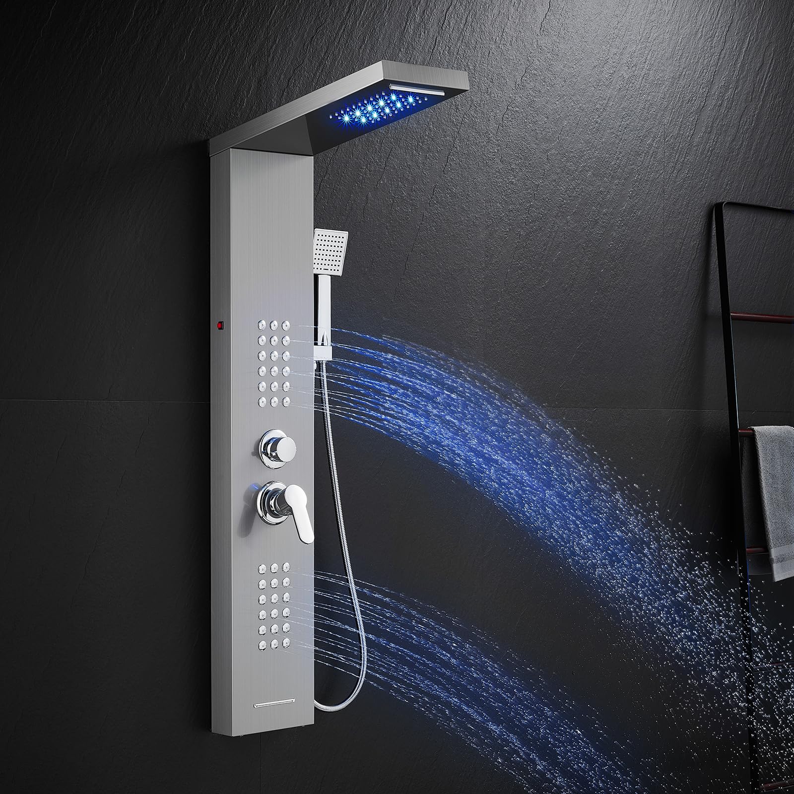 Rainfall LED Shower Panel Tower - 5-in-1 Shower System with Waterfall Showerhead, Adjustable Body Jets, Handheld Spray & Tub Spout, Stainless Steel Shower Column (Brushed Nickel Finish) - Perfect for Modern Bathrooms & Spa-Like Shower Experience