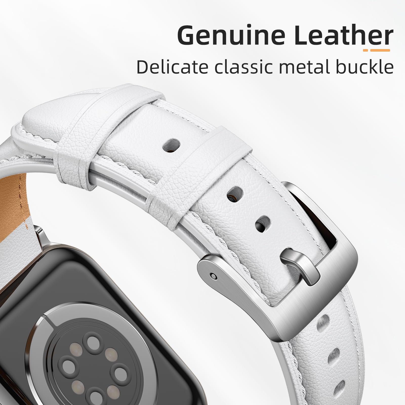 Genuine Leather Apple Watch Band 38mm 40mm 41mm 42mm 44mm 45mm 49mm - Classic Replacement Strap Compatible with All Apple Watch Series 10/9/8/7/6/5/4/3/2/1/SE - Soft Comfortable Leather Watchband for Women & Men (White) - Perfect for Work, Gym & Everyday Wear