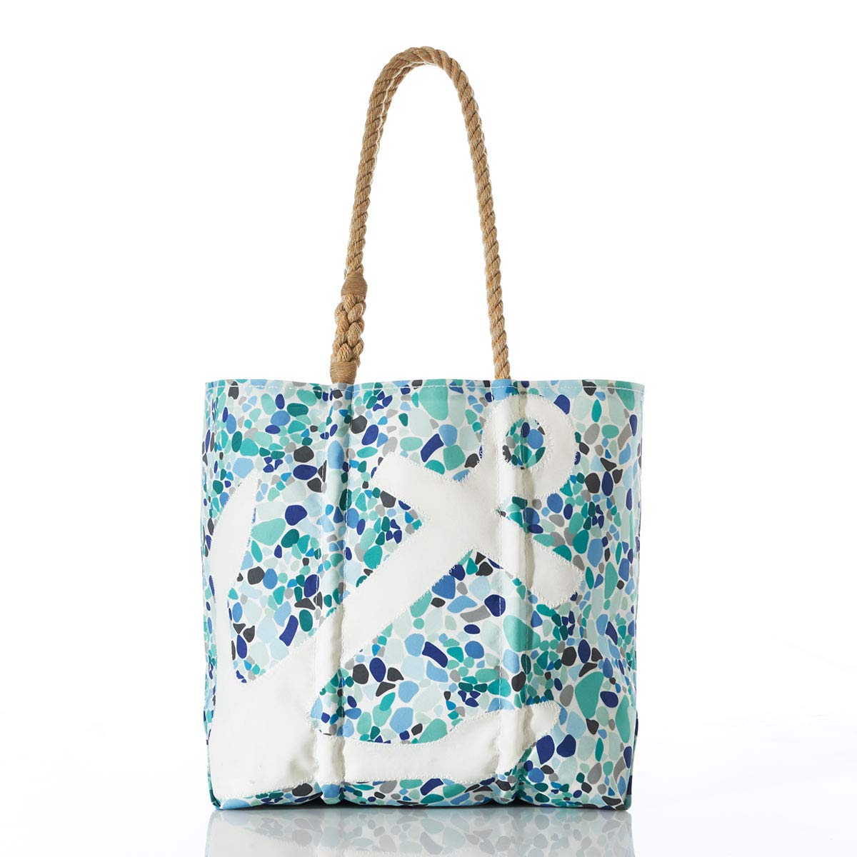 Eco-Friendly Recycled Sailcloth Tote Bag with White Anchor & Sea Glass Print - Perfect for Beach Trips, Grocery Shopping & Everyday Use