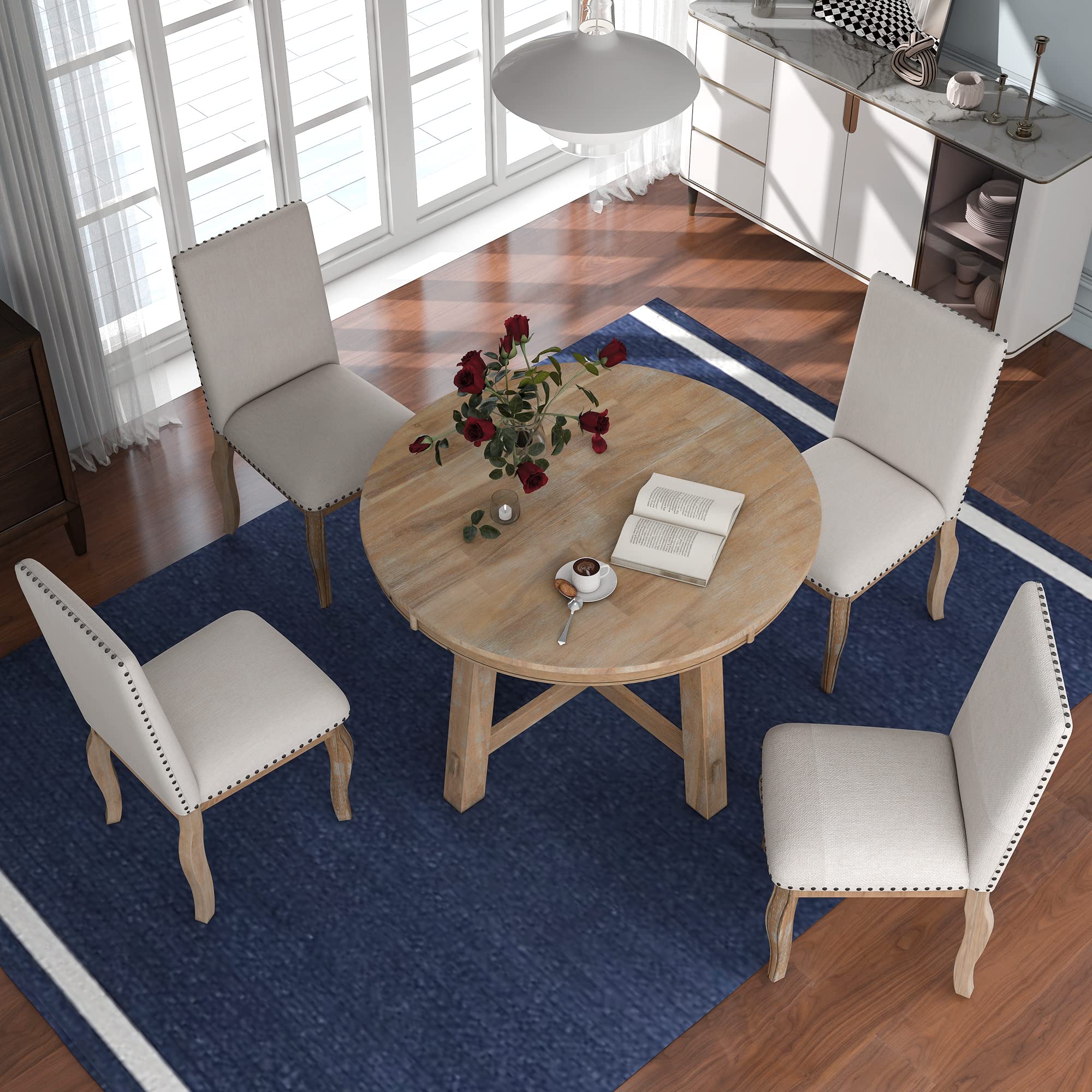 Harper & Bright Designs 5-Piece Farmhouse Extendable Round Dining Table Set with Upholstered Chairs and Storage Shelf - Solid Wood Kitchen Table for Family Meals, Dinner Parties & Small Space Dining Rooms