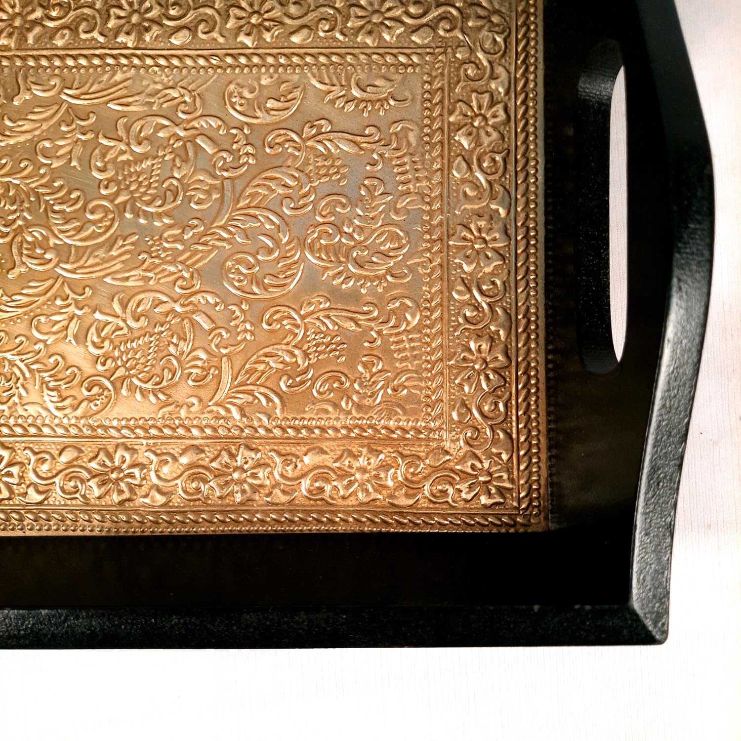 Apka Mart Wooden Brass Serving Tray - 14 Inch Decorative Tray for Tea, Coffee & Snacks | Multipurpose Home & Kitchen Organizer | Perfect for Dining Table, Coffee Table & Gift Giving