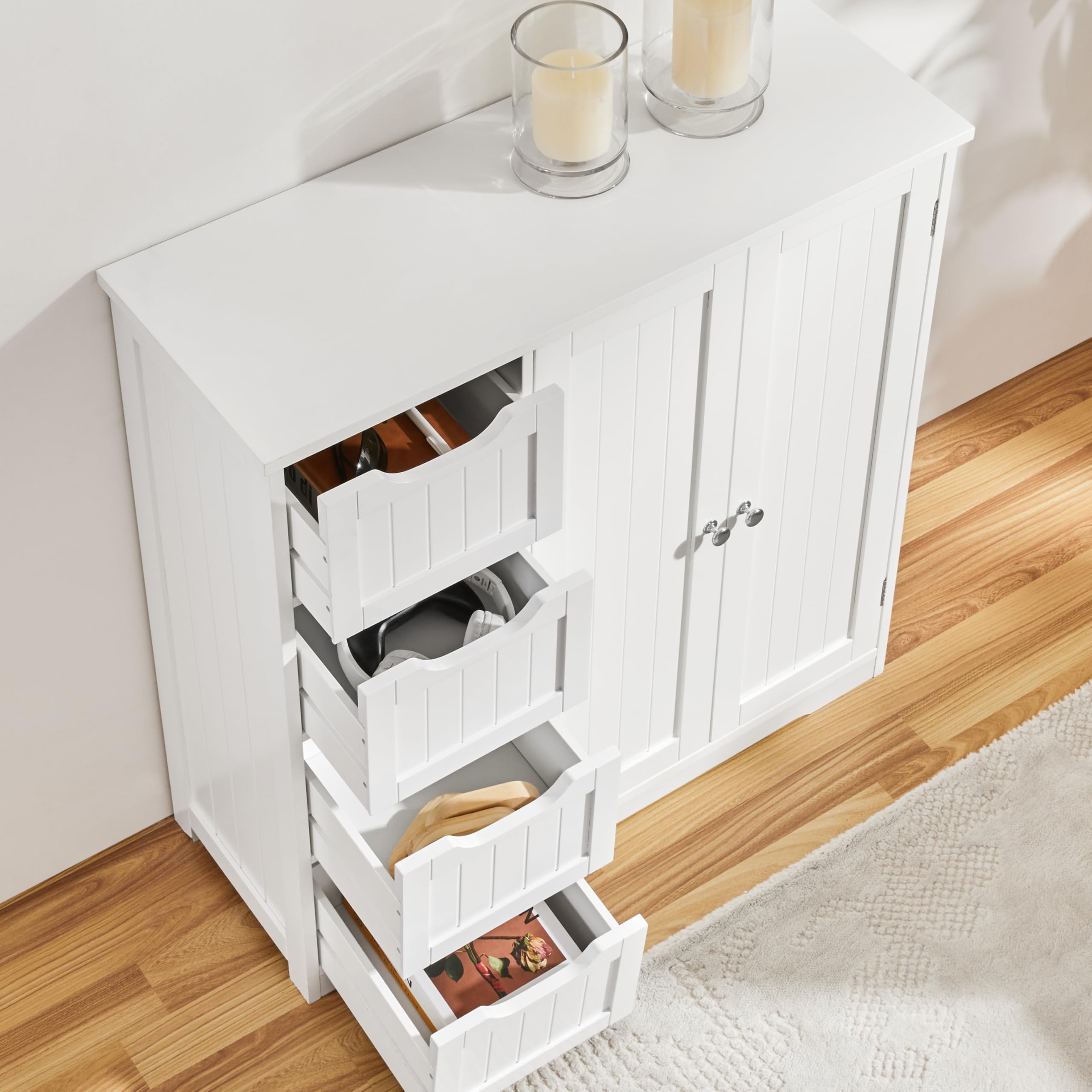 Yaheetech White Wooden Bathroom Storage Cabinet with 4 Drawers & Double Doors - Freestanding Entryway Organizer, Bathroom Furniture & Home Decor - Perfect for Bathroom Organization, Bedroom Storage, and Entryway Console Table