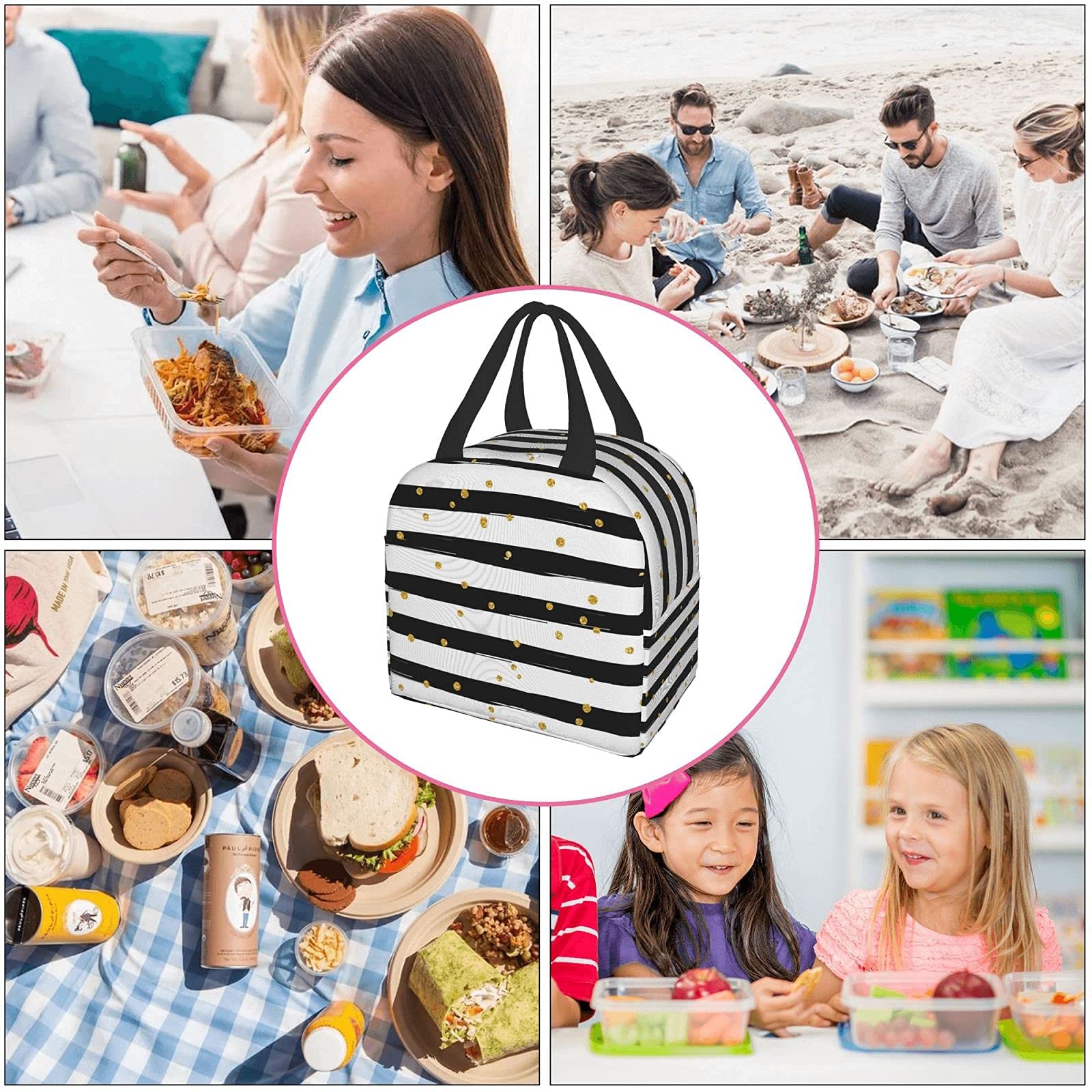 Black and White Striped Insulated Lunch Bag with Golden Polka Dots - Reusable Compact Tote Lunch Box for Women & Men - Perfect for School, Office, Work, Picnics and Outdoor Activities