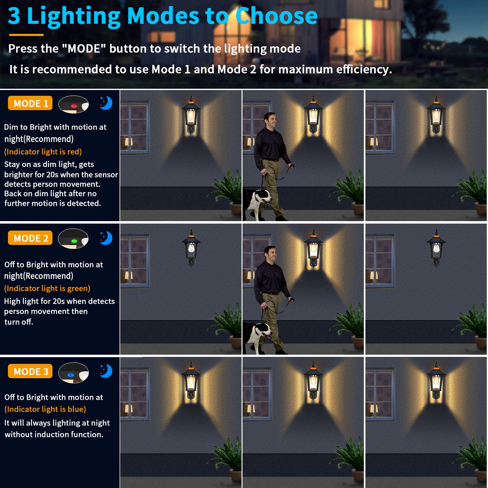 Aqonsie Solar Outdoor Porch Lights - 3 Lighting Modes, Motion Sensor, Waterproof Wall Sconce - Perfect for Barn, Shed, Yard, Garage & Chicken Coop - Enhance Your Outdoor Decor & Security