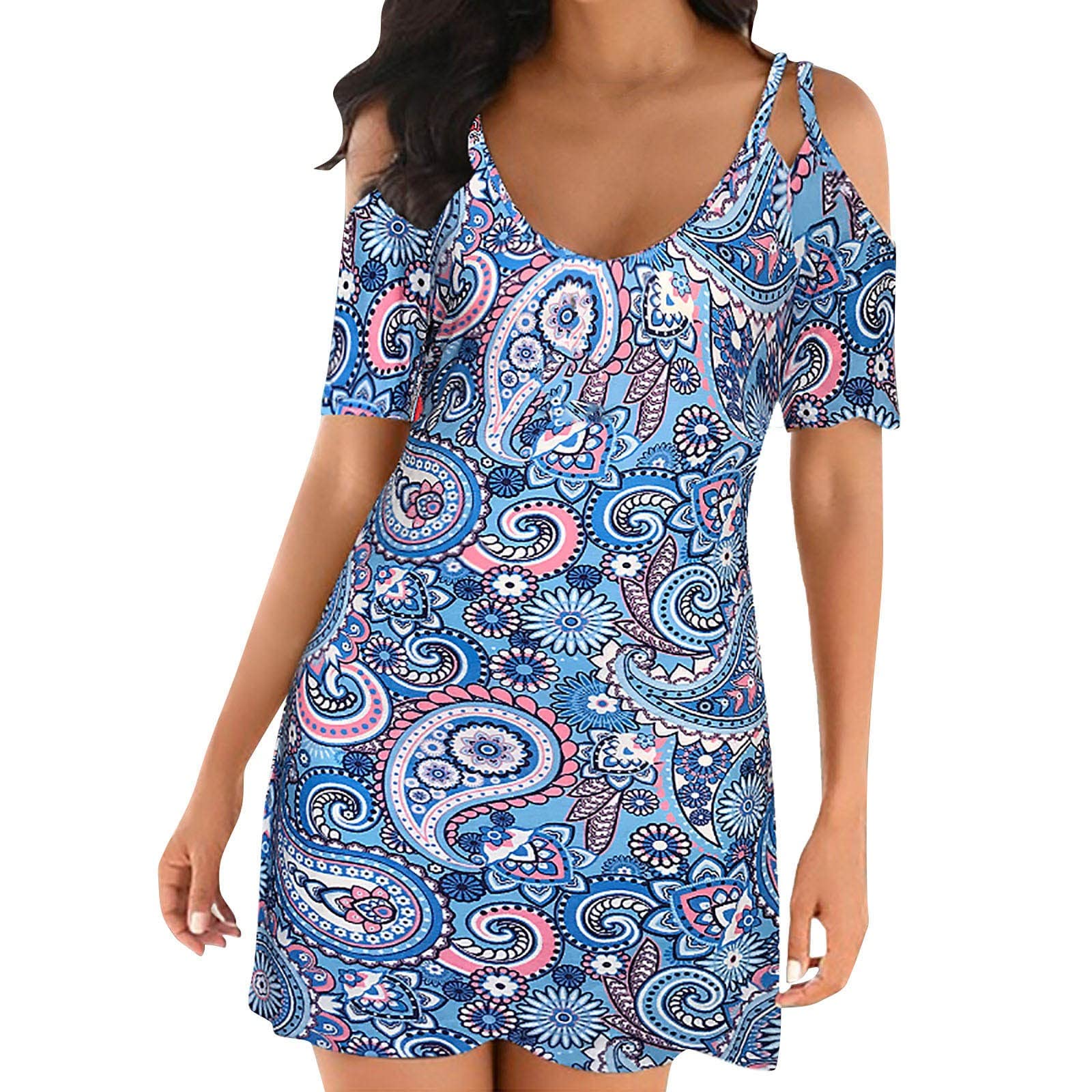 Women's Summer Fashion Printed Sling V-Neck Sleeveless Dress - Beach Cover Up, Casual Sundress, White Flowy Dress for Vacation & Outdoor Parties