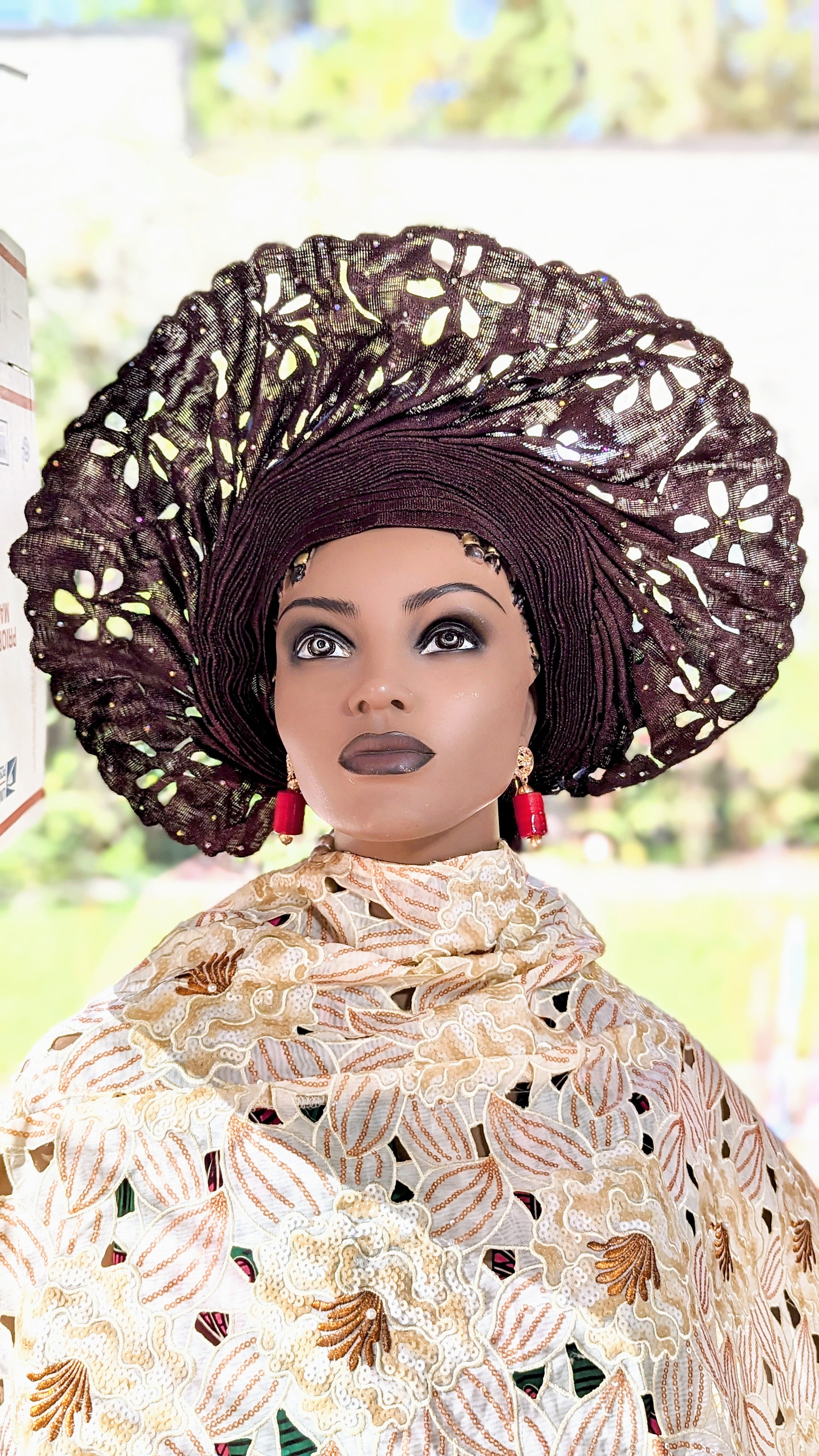 Premium Coffee Brown Laser-Cut Aso Oke African Head Wrap | Pre-Tied Autogele Head Tie | Traditional Nigerian Scarf for Weddings, Parties & Cultural Events (DPAGCBLC2)