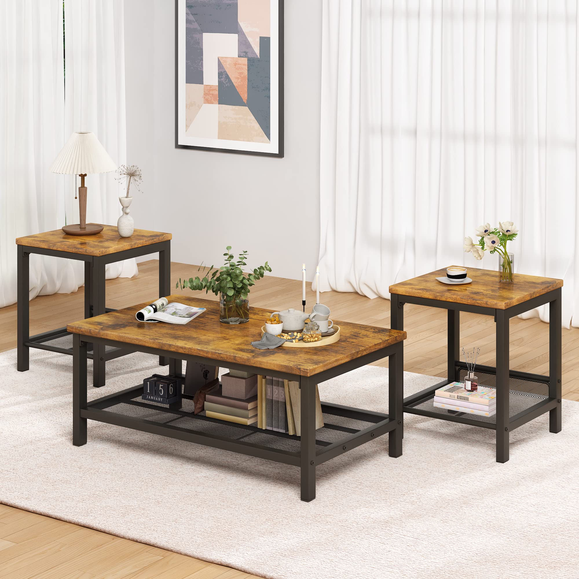 Lamerge 3-Piece Industrial Coffee Table Set with Metal Frame - Rustic Brown Living Room Tables (Coffee Table + 2 Square End Tables) for Apartment, Home Office & Modern Farmhouse Decor | Perfect for Small Spaces, Entertaining Guests & Stylish Home Furnishing