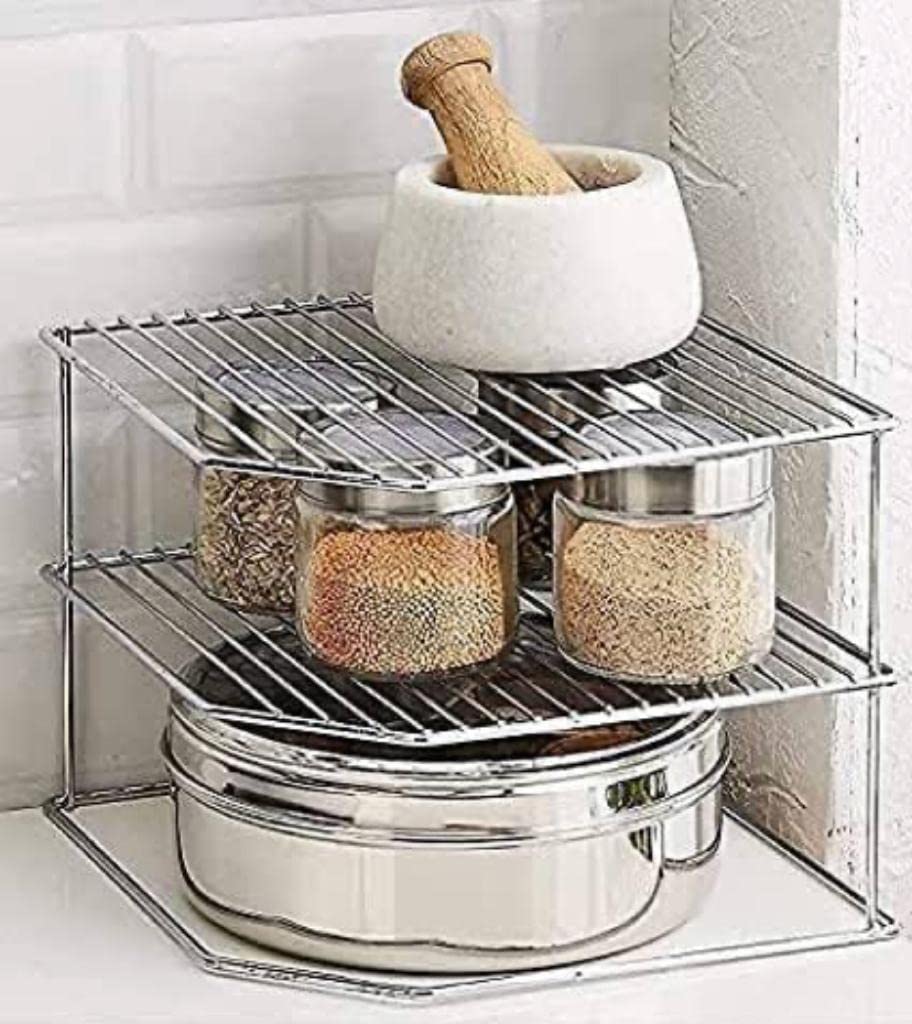 AB99 COLLECTION 3-Tier Stainless Steel Kitchen Corner Rack - Heavy Duty Plate, Dish, Pan & Pot Storage Organizer - Space Saving Shelf for Kitchen Counter, Cabinet or Pantry (Pack of 1) - Perfect for Small Kitchens, Apartments & Dorm Rooms