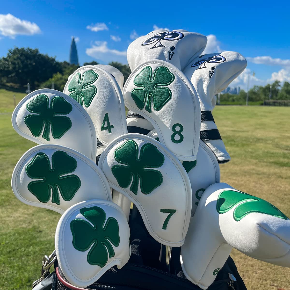 Premium Leather Golf Iron Head Covers Set of 10 - Lucky Clover Design with Secure Magic Tape for All Brand Clubs | Protective Club Covers for Travel & Storage | Ideal Gift for Golf Enthusiasts