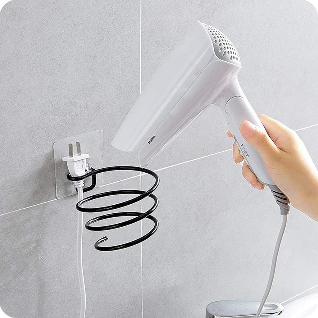 DHRUSIMI Wall Mount Hair Dryer Holder - Spiral Spring Organizer Shelf for Blow Dryer Storage, Antique Metal Hair Care Tool Rack with Perforated Installation (Black) | Perfect for Bathroom, Salon & Home Organization