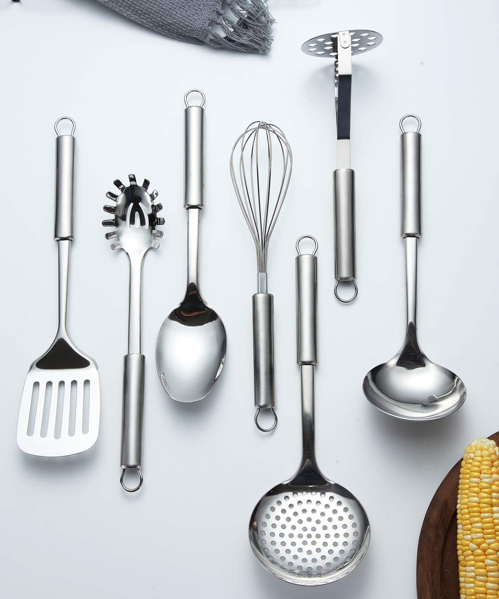 Premium 8-Piece Stainless Steel Kitchen Utensil Set with Stand - Includes Slotted Turner, Ladle, Skimmer, Serving Spoon, Pasta Server, Potato Masher & Egg Whisk - Perfect for Cooking, Baking & Serving Dishes