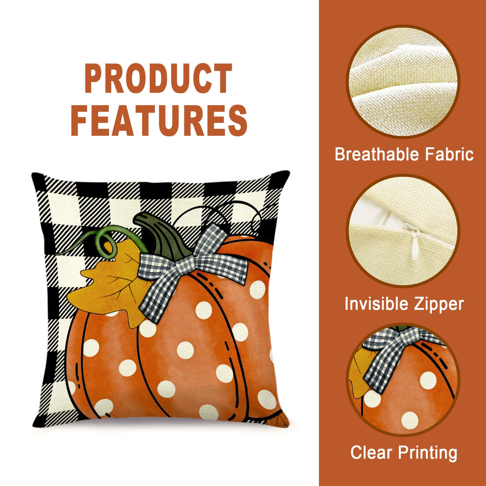 18x18 Fall Pillow Covers Set of 4 - Black Buffalo Check Plaid with Autumn Maple Leaves & Pumpkin Design - Farmhouse Throw Pillow Cases for Couch, Bed, Cushions - Cozy Home Decor for Thanksgiving, Autumn Parties & Seasonal Family Gatherings