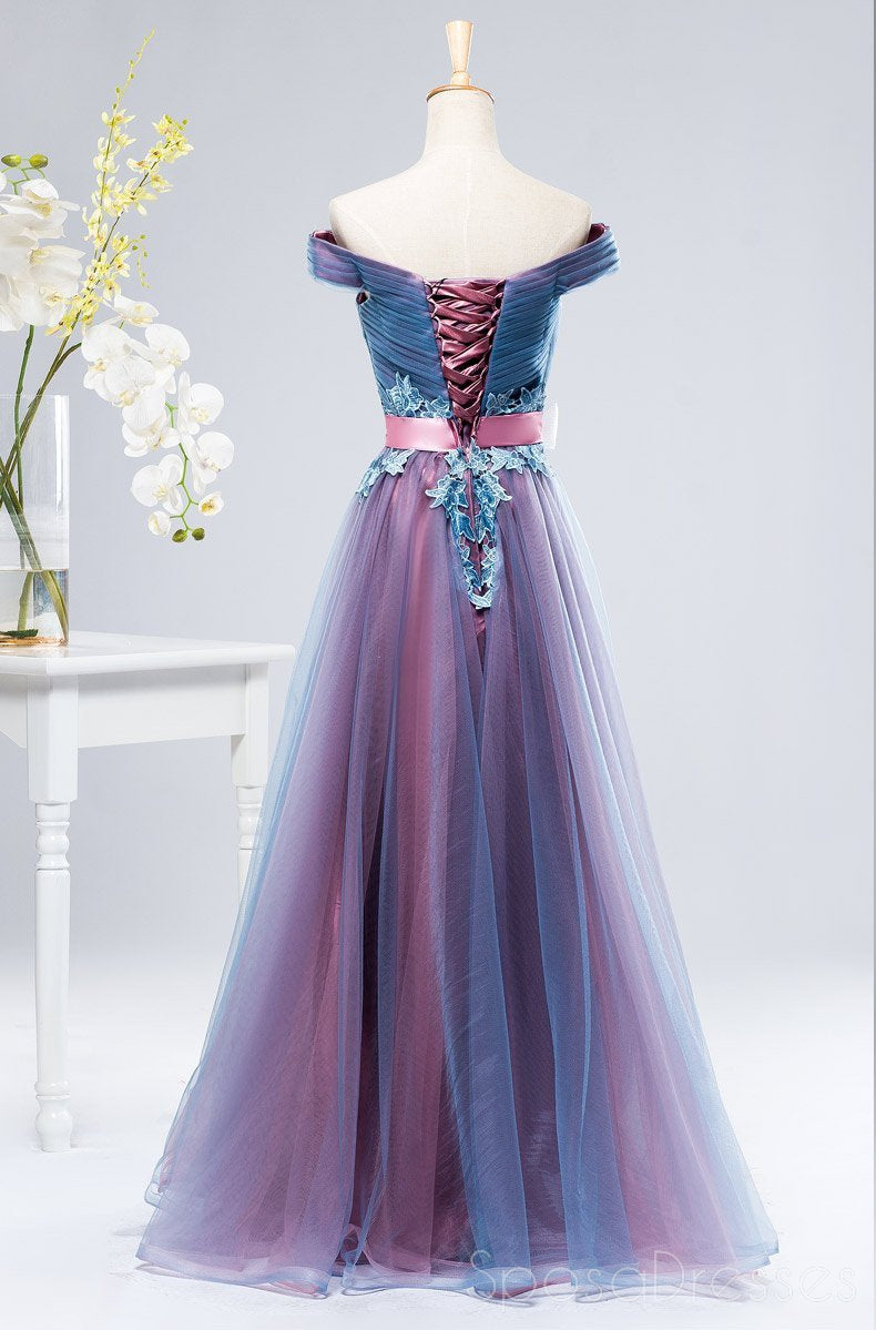 Elegant Off Shoulder Blue & Pink Tulle A-Line Long Evening Prom Dresses for Women - Perfect for Formal Events, Homecoming, and Special Occasions