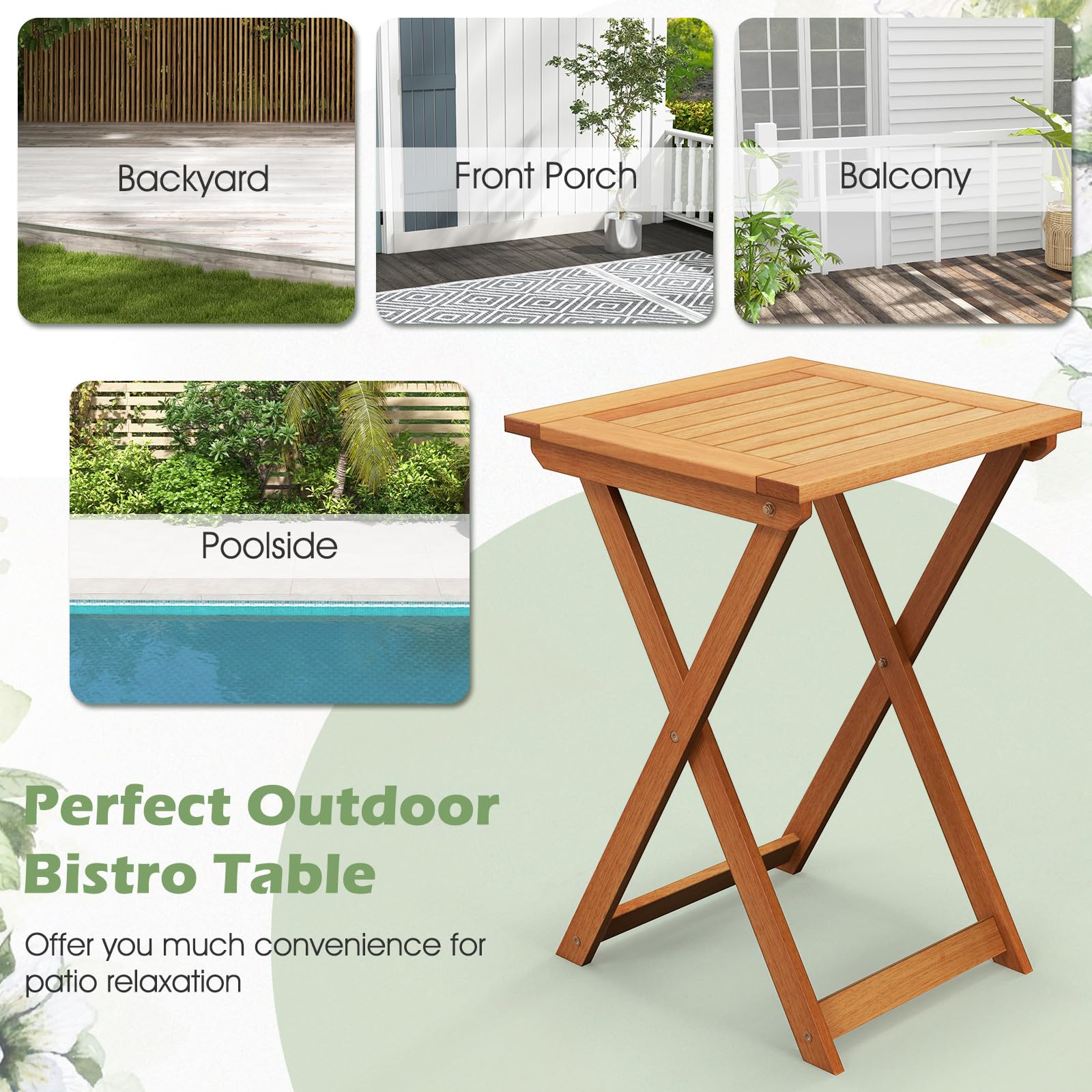 Tangkula 20 Inch Square Folding Patio Table - Outdoor Hardwood Bistro Table with Slatted Tabletop, Space-Saving Foldable Design for Backyard, Poolside, Balcony, Garden, Camping & Picnics (2-Pack)