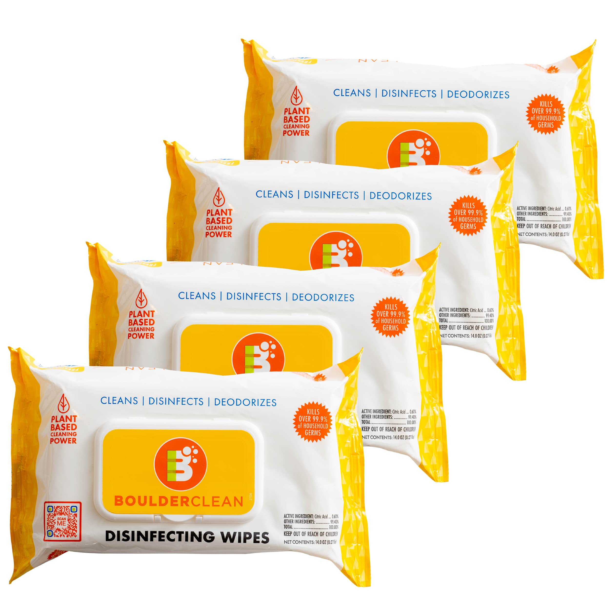 Boulder Clean Disinfecting Wipes - Fresh Lemon Scent, Eco-Friendly Multi-Surface Cleaning Wipes | Kills 99.9% Germs, Antibacterial for Home, Office & Travel | 72 Count (Pack of 4) - Perfect for Kitchens, Bathrooms, Gym Equipment & Baby Items